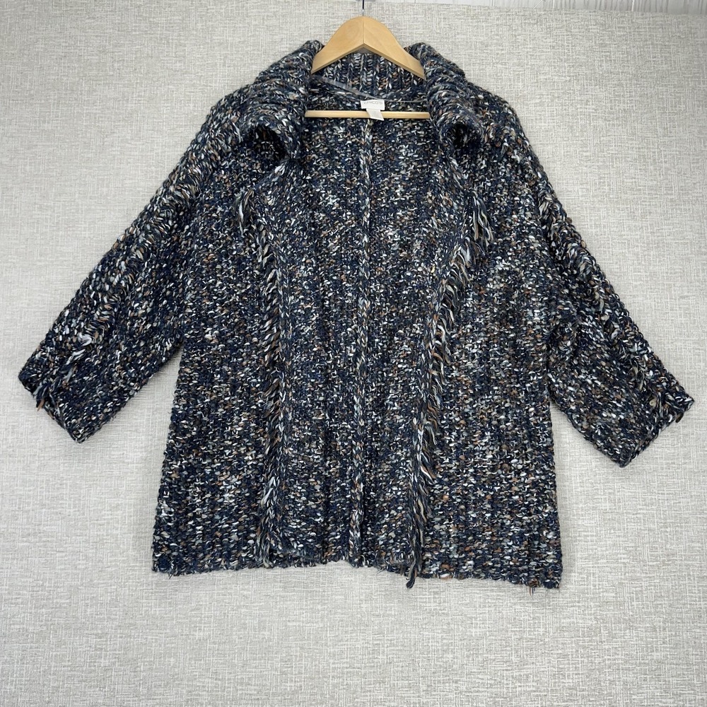 Chicos Sweater Womens Size 2 (L/12) Blue Marled Knit Open Front Cardigan Chunky